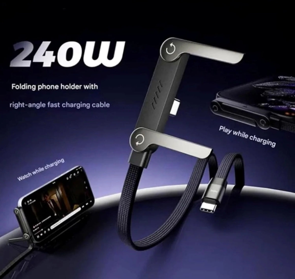 240W Type-C Fast Charging Cable with Foldable Phone Stand | 2-in-1 USB Type-C Charging Cable & Mobile Holder